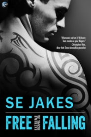 book cover: SE Jakes, Free Falling, depicts shoulder and profile of rugged white man with black-ink spiral tattoos